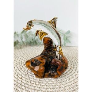 Vintage Glass Baron Handblown Dolphin 22Kt. Gold Manzanita Wood Base Figurine